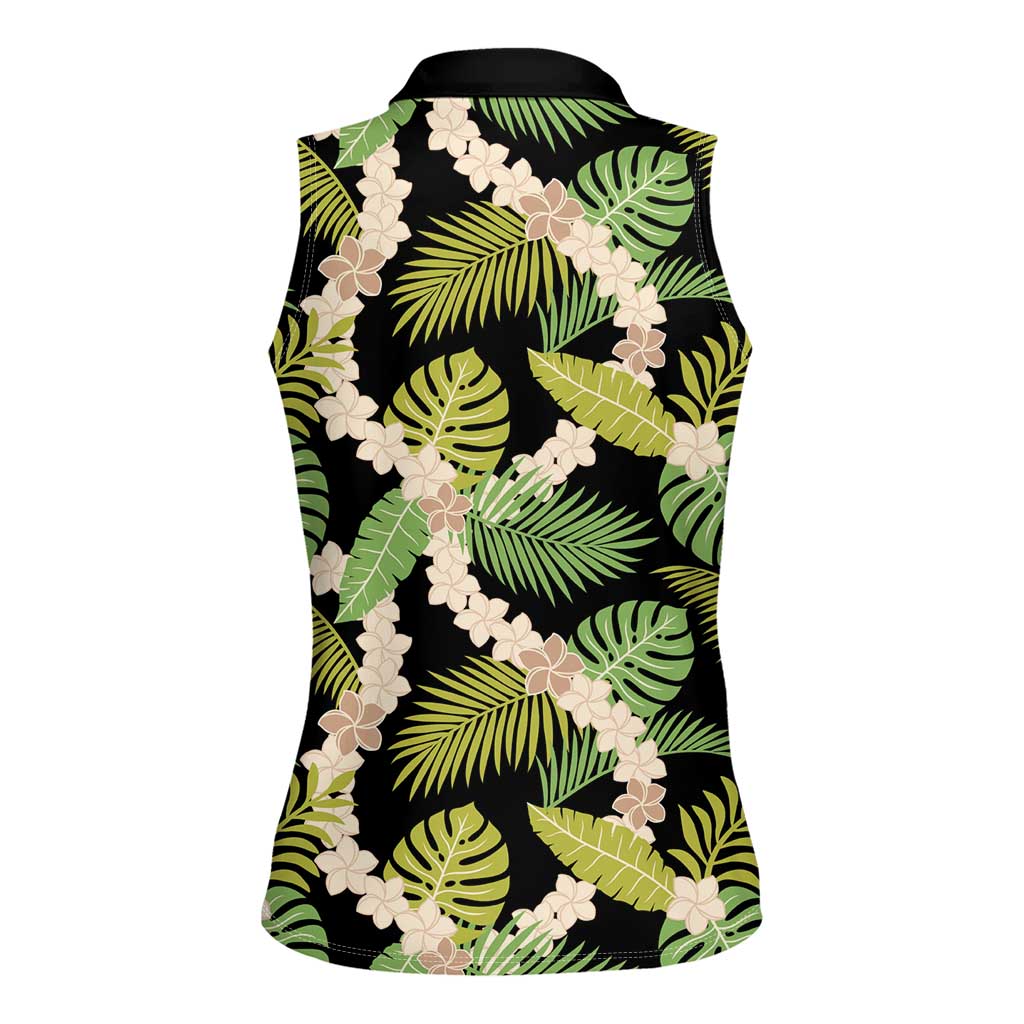 Black Hawaii Plumeria Lei With Tropical Leaves Women Sleeveless Polo Shirt LT14 - Polynesian Pride