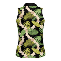 Black Hawaii Plumeria Lei With Tropical Leaves Women Sleeveless Polo Shirt LT14 - Polynesian Pride