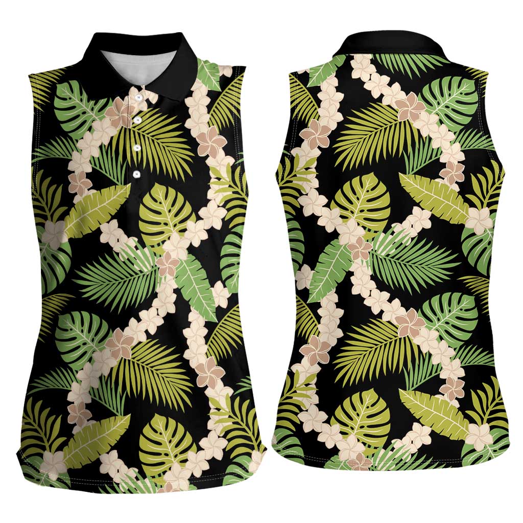 Black Hawaii Plumeria Lei With Tropical Leaves Women Sleeveless Polo Shirt LT14 - Polynesian Pride