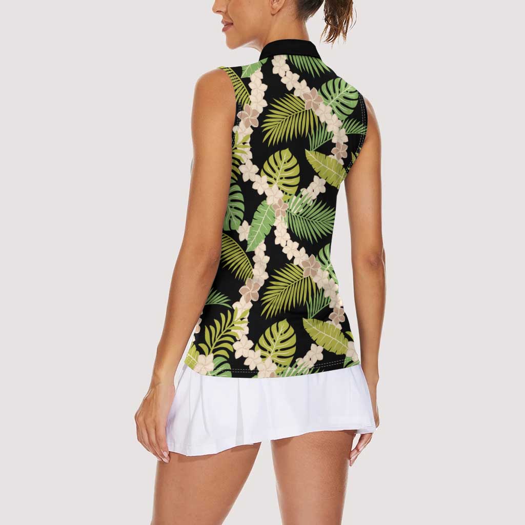 Black Hawaii Plumeria Lei With Tropical Leaves Women Sleeveless Polo Shirt LT14 - Polynesian Pride