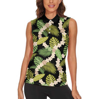 Black Hawaii Plumeria Lei With Tropical Leaves Women Sleeveless Polo Shirt LT14 - Polynesian Pride