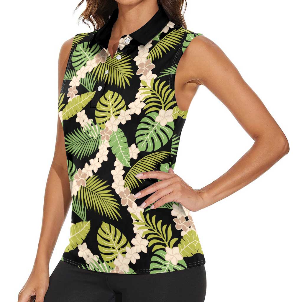 Black Hawaii Plumeria Lei With Tropical Leaves Women Sleeveless Polo Shirt LT14 - Polynesian Pride