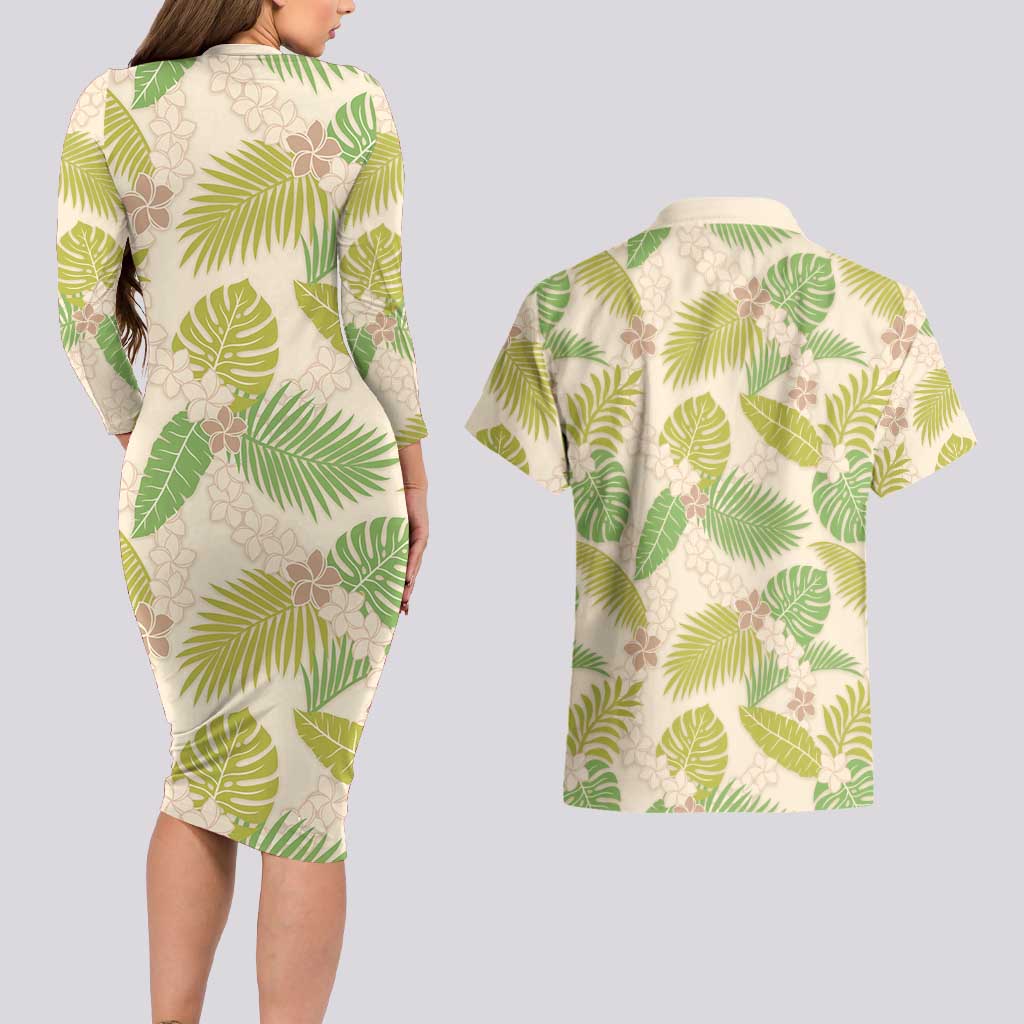 Beige Hawaii Plumeria Lei With Tropical Leaves Couples Matching Long Sleeve Bodycon Dress and Hawaiian Shirt LT14 - Polynesian Pride
