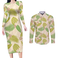 Beige Hawaii Plumeria Lei With Tropical Leaves Couples Matching Long Sleeve Bodycon Dress and Long Sleeve Button Shirt LT14 Beige - Polynesian Pride