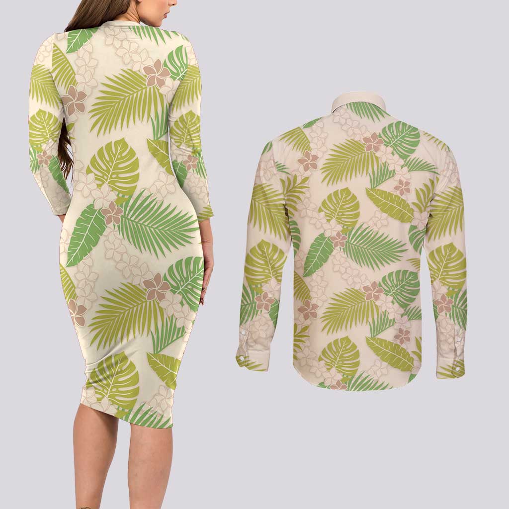 Beige Hawaii Plumeria Lei With Tropical Leaves Couples Matching Long Sleeve Bodycon Dress and Long Sleeve Button Shirt LT14 - Polynesian Pride