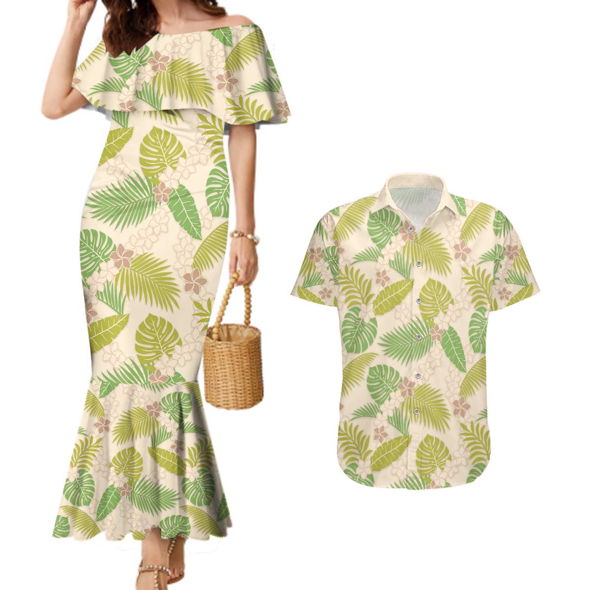 Beige Hawaii Plumeria Lei With Tropical Leaves Couples Matching Mermaid Dress and Hawaiian Shirt LT14 Beige - Polynesian Pride