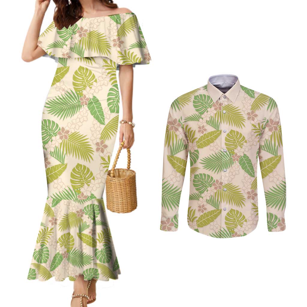 Beige Hawaii Plumeria Lei With Tropical Leaves Couples Matching Mermaid Dress and Long Sleeve Button Shirt LT14 Beige - Polynesian Pride