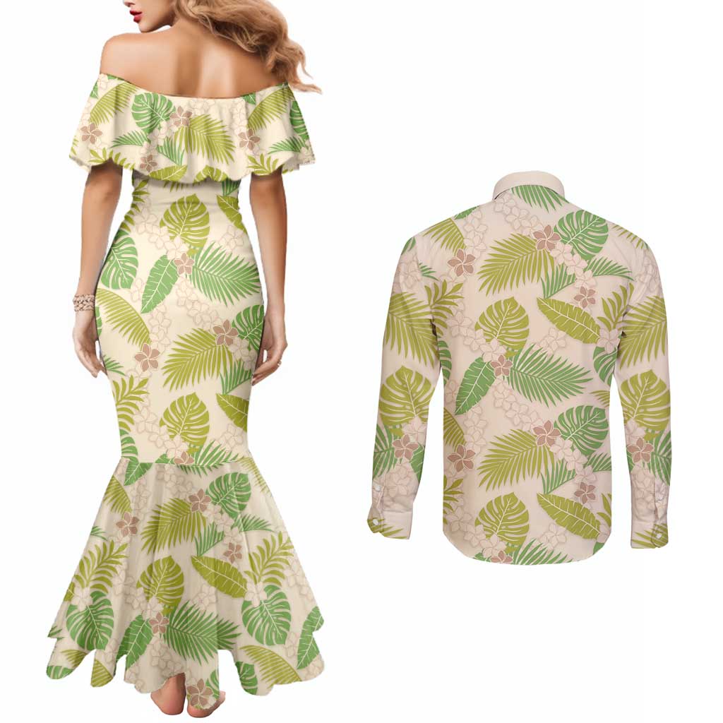 Beige Hawaii Plumeria Lei With Tropical Leaves Couples Matching Mermaid Dress and Long Sleeve Button Shirt LT14 - Polynesian Pride