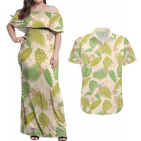 Beige Hawaii Plumeria Lei With Tropical Leaves Couples Matching Off Shoulder Maxi Dress and Hawaiian Shirt LT14 Beige - Polynesian Pride