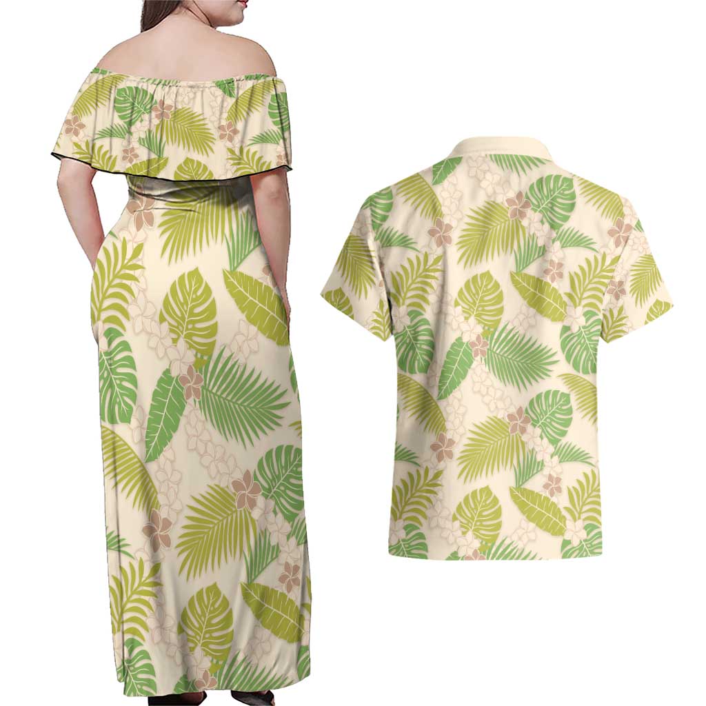 Beige Hawaii Plumeria Lei With Tropical Leaves Couples Matching Off Shoulder Maxi Dress and Hawaiian Shirt LT14 - Polynesian Pride
