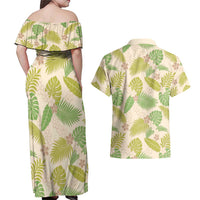 Beige Hawaii Plumeria Lei With Tropical Leaves Couples Matching Off Shoulder Maxi Dress and Hawaiian Shirt LT14 - Polynesian Pride