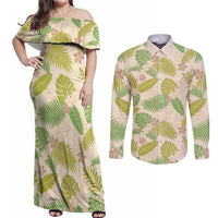 Beige Hawaii Plumeria Lei With Tropical Leaves Couples Matching Off Shoulder Maxi Dress and Long Sleeve Button Shirt LT14 Beige - Polynesian Pride