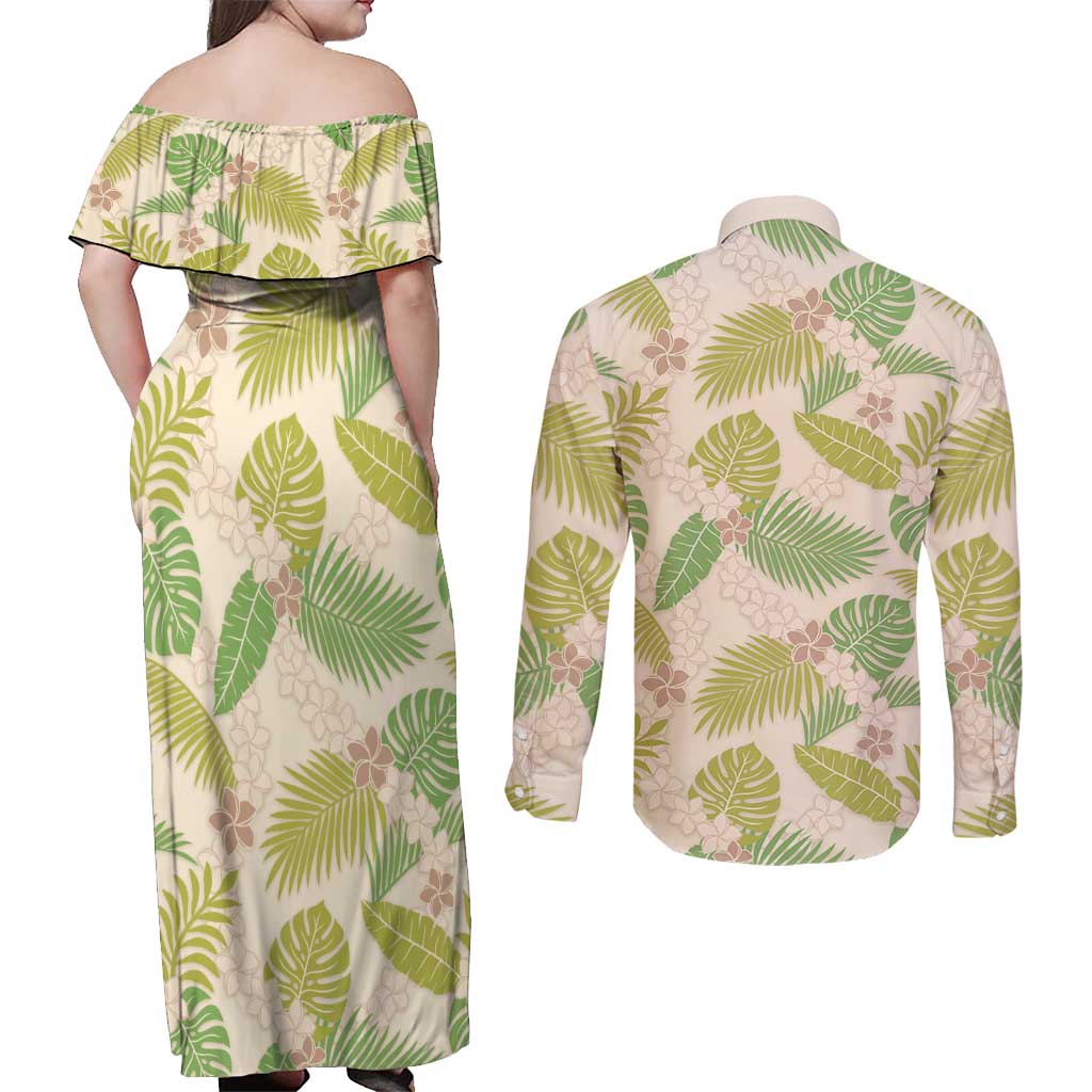 Beige Hawaii Plumeria Lei With Tropical Leaves Couples Matching Off Shoulder Maxi Dress and Long Sleeve Button Shirt LT14 - Polynesian Pride