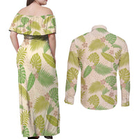 Beige Hawaii Plumeria Lei With Tropical Leaves Couples Matching Off Shoulder Maxi Dress and Long Sleeve Button Shirt LT14 - Polynesian Pride