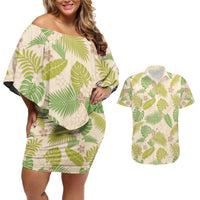 Beige Hawaii Plumeria Lei With Tropical Leaves Couples Matching Off Shoulder Short Dress and Hawaiian Shirt LT14 Beige - Polynesian Pride
