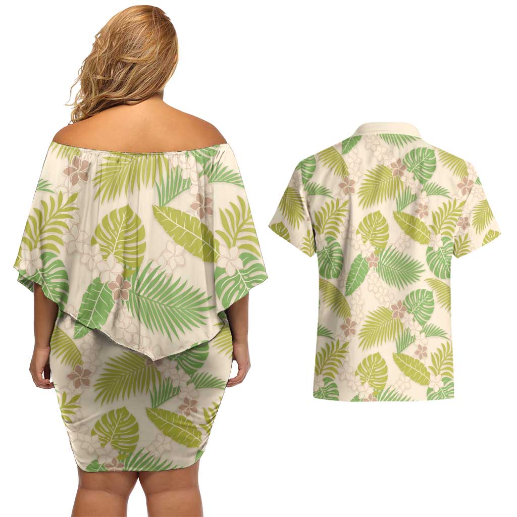 Beige Hawaii Plumeria Lei With Tropical Leaves Couples Matching Off Shoulder Short Dress and Hawaiian Shirt LT14 - Polynesian Pride