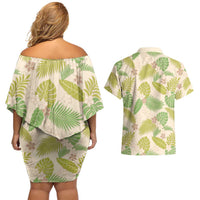 Beige Hawaii Plumeria Lei With Tropical Leaves Couples Matching Off Shoulder Short Dress and Hawaiian Shirt LT14 - Polynesian Pride