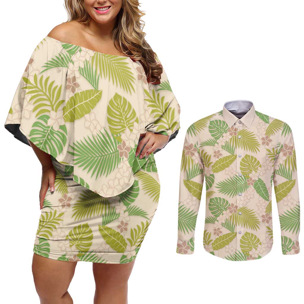 Beige Hawaii Plumeria Lei With Tropical Leaves Couples Matching Off Shoulder Short Dress and Long Sleeve Button Shirt LT14 Beige - Polynesian Pride