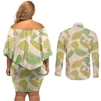Beige Hawaii Plumeria Lei With Tropical Leaves Couples Matching Off Shoulder Short Dress and Long Sleeve Button Shirt LT14 - Polynesian Pride
