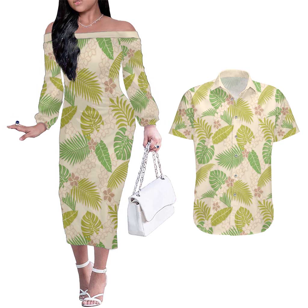 Beige Hawaii Plumeria Lei With Tropical Leaves Couples Matching Off The Shoulder Long Sleeve Dress and Hawaiian Shirt LT14 Beige - Polynesian Pride