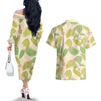 Beige Hawaii Plumeria Lei With Tropical Leaves Couples Matching Off The Shoulder Long Sleeve Dress and Hawaiian Shirt LT14 - Polynesian Pride