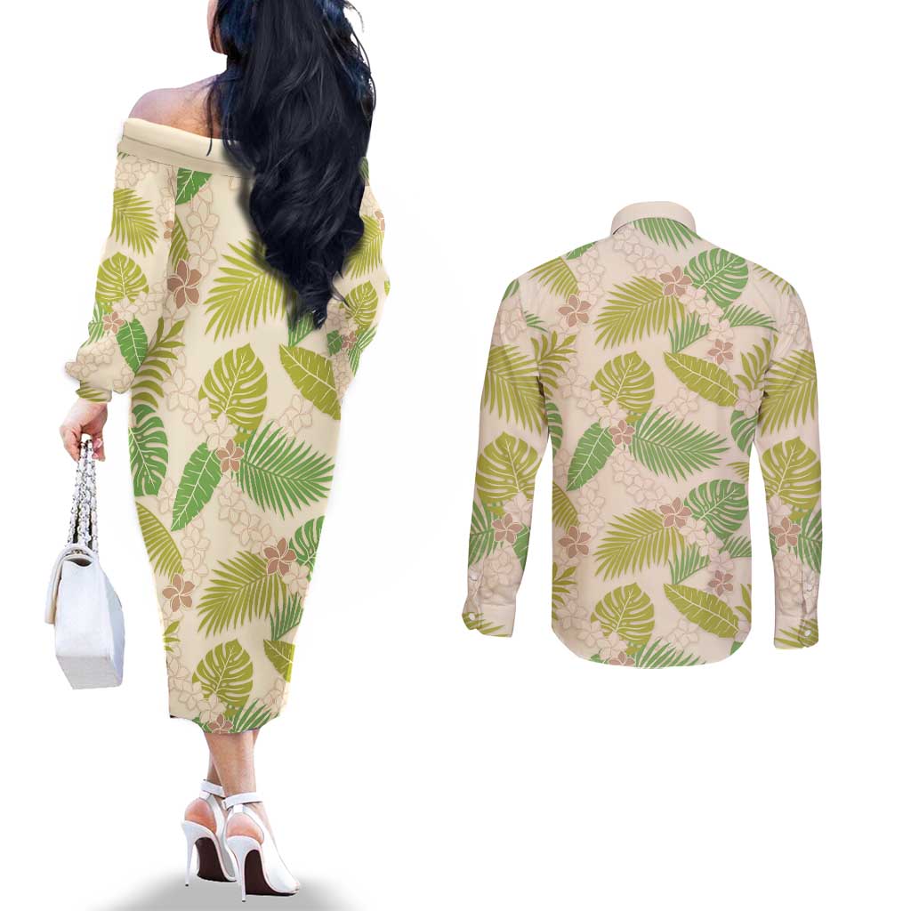 Beige Hawaii Plumeria Lei With Tropical Leaves Couples Matching Off The Shoulder Long Sleeve Dress and Long Sleeve Button Shirt LT14 - Polynesian Pride