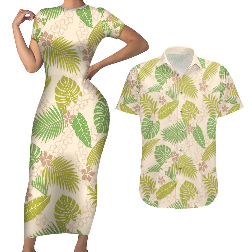 Beige Hawaii Plumeria Lei With Tropical Leaves Couples Matching Short Sleeve Bodycon Dress and Hawaiian Shirt LT14 Beige - Polynesian Pride