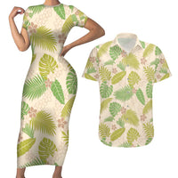 Beige Hawaii Plumeria Lei With Tropical Leaves Couples Matching Short Sleeve Bodycon Dress and Hawaiian Shirt LT14 Beige - Polynesian Pride