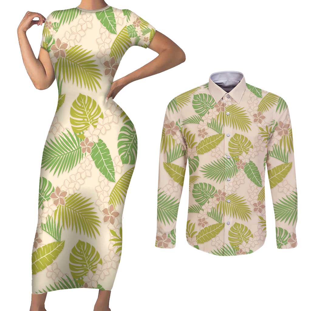Beige Hawaii Plumeria Lei With Tropical Leaves Couples Matching Short Sleeve Bodycon Dress and Long Sleeve Button Shirt LT14 Beige - Polynesian Pride