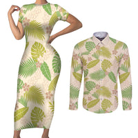 Beige Hawaii Plumeria Lei With Tropical Leaves Couples Matching Short Sleeve Bodycon Dress and Long Sleeve Button Shirt LT14 Beige - Polynesian Pride