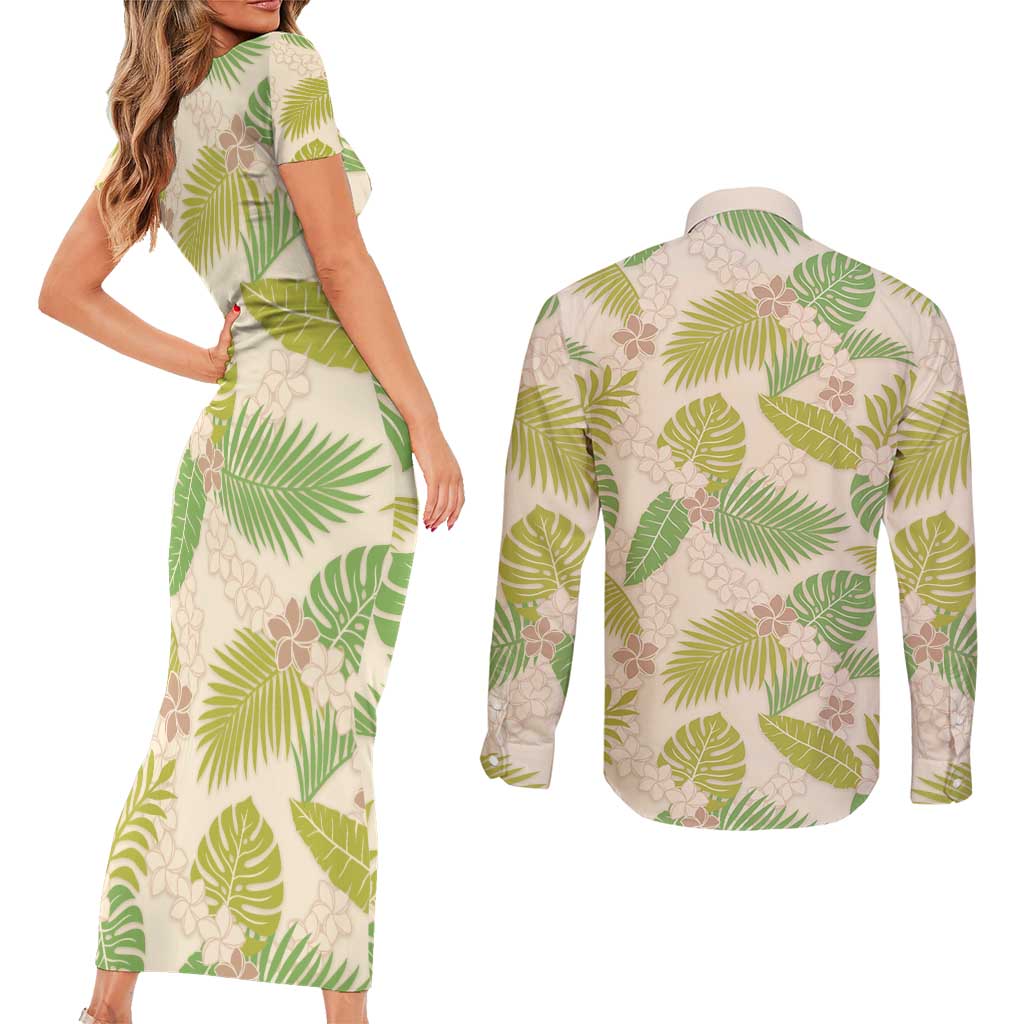 Beige Hawaii Plumeria Lei With Tropical Leaves Couples Matching Short Sleeve Bodycon Dress and Long Sleeve Button Shirt LT14 - Polynesian Pride