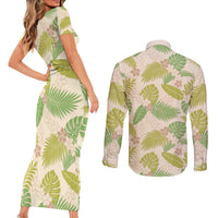 Beige Hawaii Plumeria Lei With Tropical Leaves Couples Matching Short Sleeve Bodycon Dress and Long Sleeve Button Shirt LT14 - Polynesian Pride