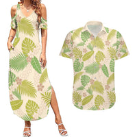Beige Hawaii Plumeria Lei With Tropical Leaves Couples Matching Summer Maxi Dress and Hawaiian Shirt LT14 Beige - Polynesian Pride