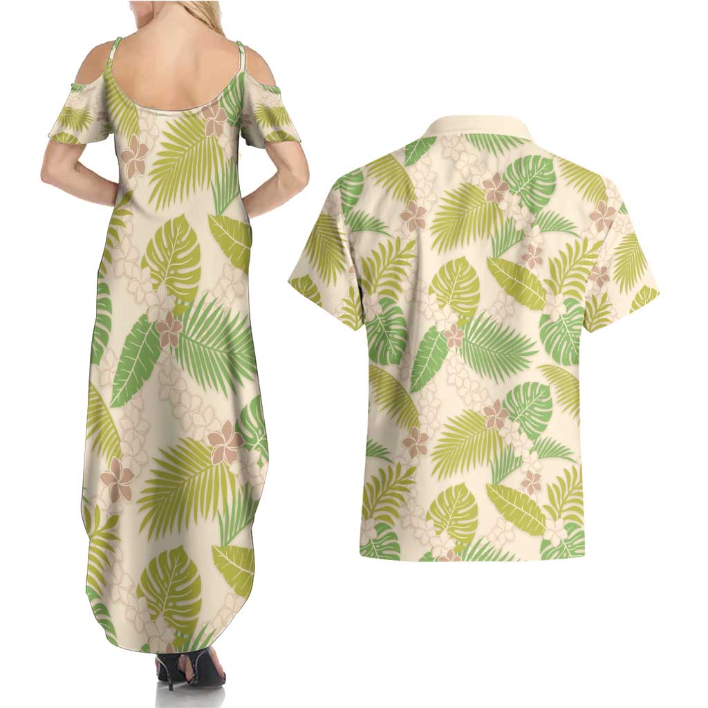 Beige Hawaii Plumeria Lei With Tropical Leaves Couples Matching Summer Maxi Dress and Hawaiian Shirt LT14 - Polynesian Pride