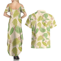 Beige Hawaii Plumeria Lei With Tropical Leaves Couples Matching Summer Maxi Dress and Hawaiian Shirt LT14 - Polynesian Pride