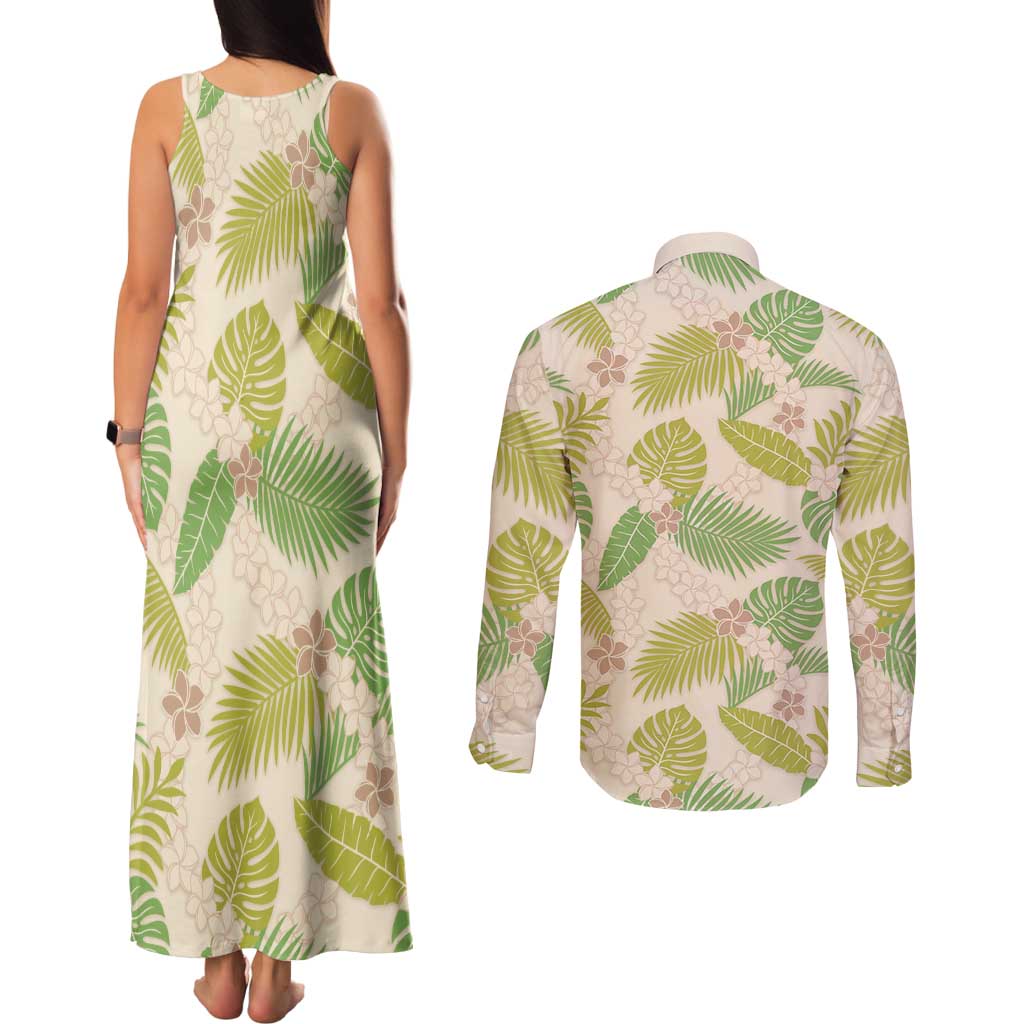 Beige Hawaii Plumeria Lei With Tropical Leaves Couples Matching Tank Maxi Dress and Long Sleeve Button Shirt LT14 - Polynesian Pride