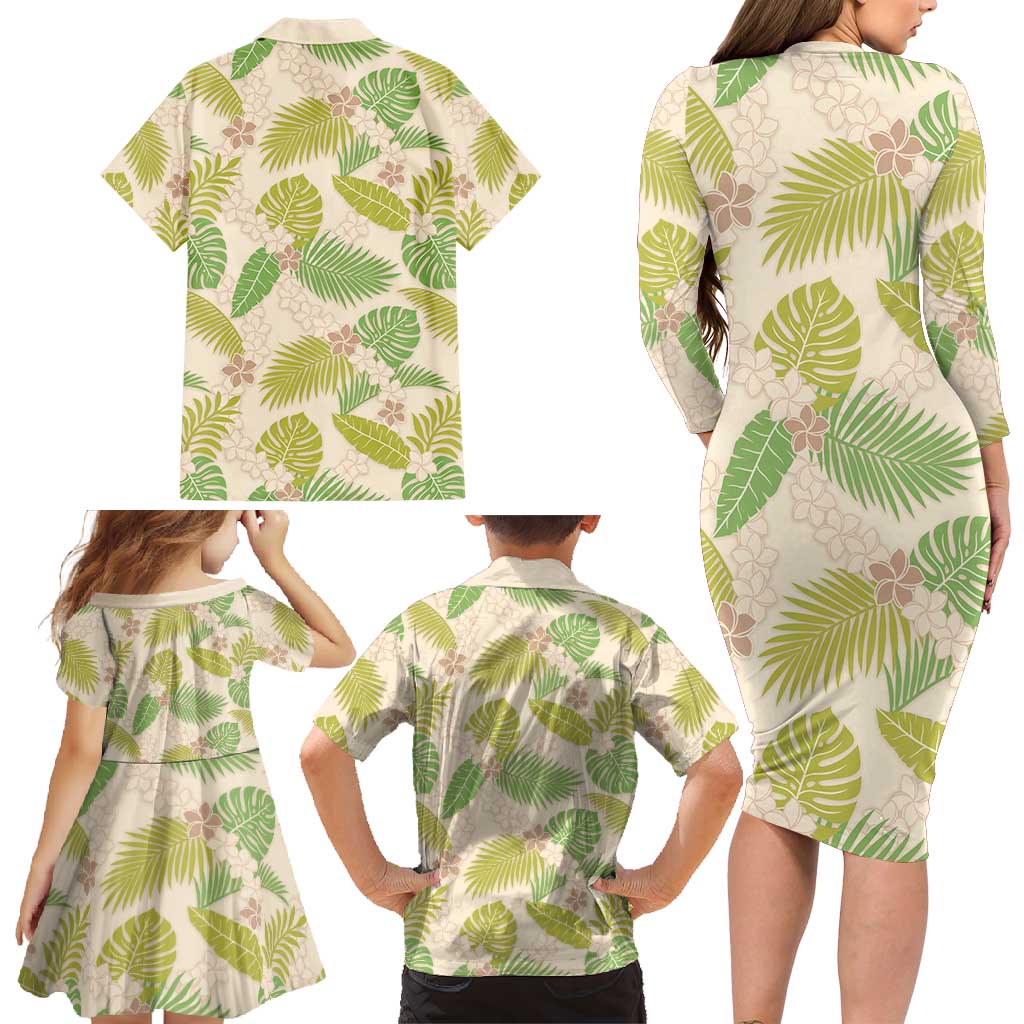 Beige Hawaii Plumeria Lei With Tropical Leaves Family Matching Long Sleeve Bodycon Dress and Hawaiian Shirt LT14 - Polynesian Pride