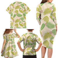 Beige Hawaii Plumeria Lei With Tropical Leaves Family Matching Long Sleeve Bodycon Dress and Hawaiian Shirt LT14 - Polynesian Pride