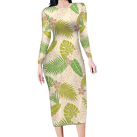Beige Hawaii Plumeria Lei With Tropical Leaves Family Matching Long Sleeve Bodycon Dress and Hawaiian Shirt LT14 Mom's Dress Beige - Polynesian Pride