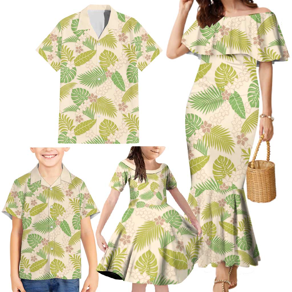 Beige Hawaii Plumeria Lei With Tropical Leaves Family Matching Mermaid Dress and Hawaiian Shirt LT14 - Polynesian Pride