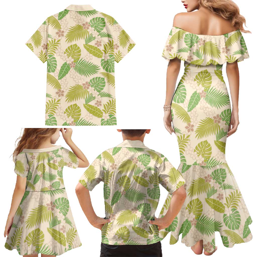 Beige Hawaii Plumeria Lei With Tropical Leaves Family Matching Mermaid Dress and Hawaiian Shirt LT14 - Polynesian Pride