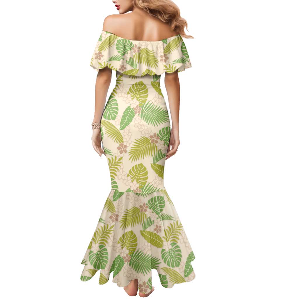Beige Hawaii Plumeria Lei With Tropical Leaves Family Matching Mermaid Dress and Hawaiian Shirt LT14 - Polynesian Pride