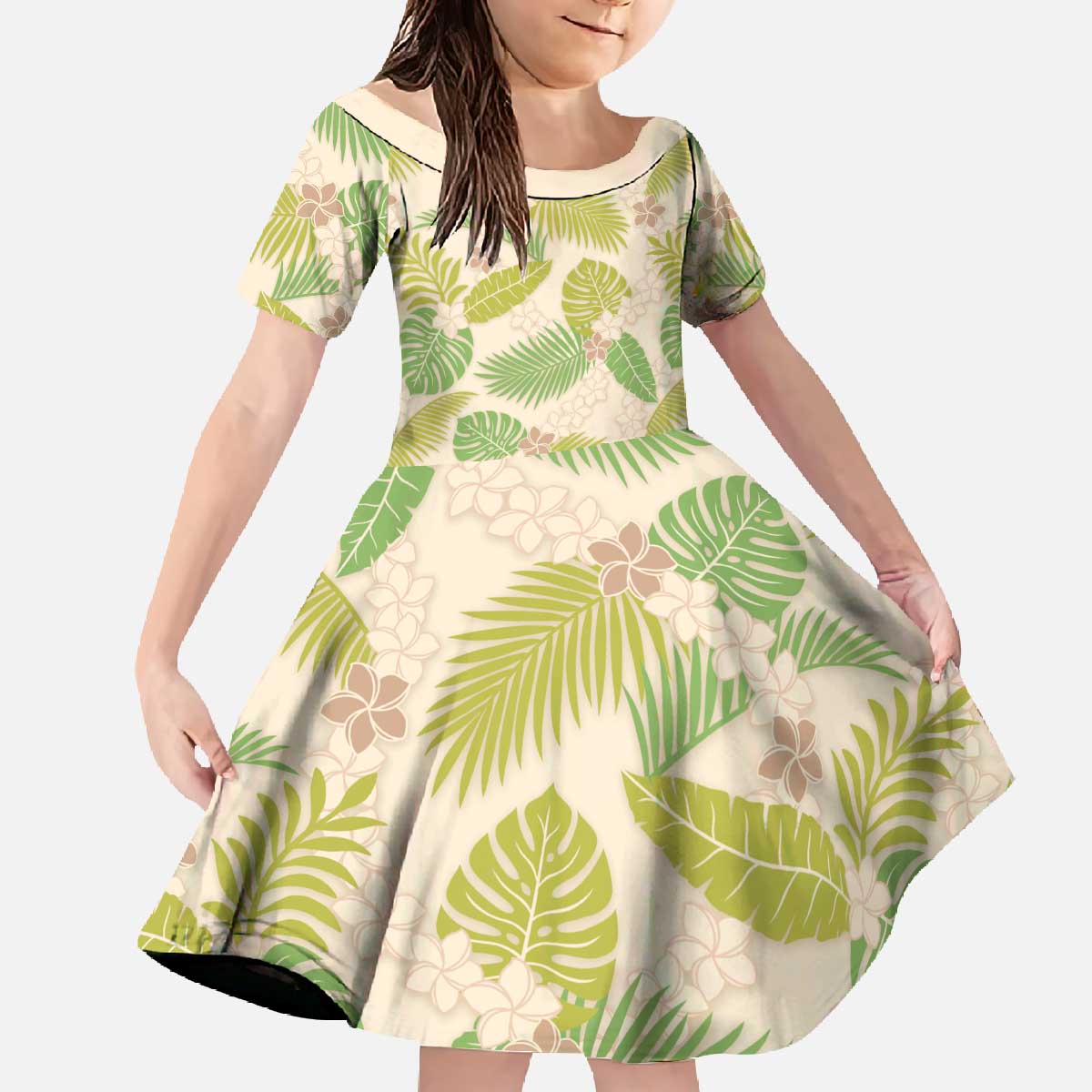 Beige Hawaii Plumeria Lei With Tropical Leaves Family Matching Off The Shoulder Long Sleeve Dress and Hawaiian Shirt LT14 Daughter's Dress Beige - Polynesian Pride