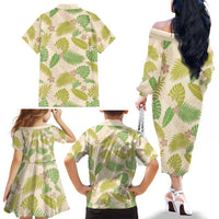 Beige Hawaii Plumeria Lei With Tropical Leaves Family Matching Off The Shoulder Long Sleeve Dress and Hawaiian Shirt LT14 - Polynesian Pride