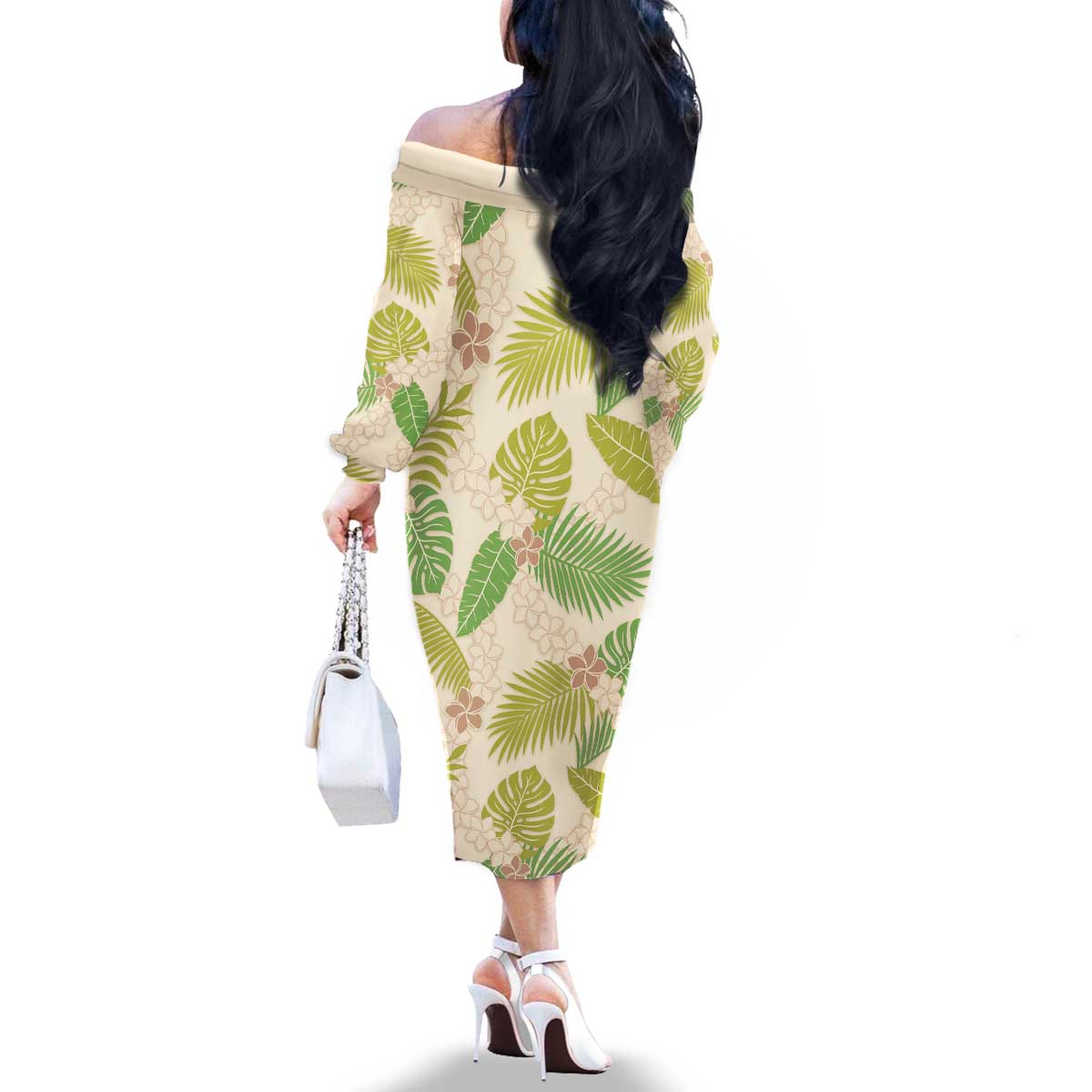 Beige Hawaii Plumeria Lei With Tropical Leaves Family Matching Off The Shoulder Long Sleeve Dress and Hawaiian Shirt LT14 - Polynesian Pride