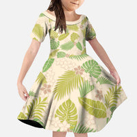 Beige Hawaii Plumeria Lei With Tropical Leaves Family Matching Off Shoulder Maxi Dress and Hawaiian Shirt LT14 Daughter's Dress Beige - Polynesian Pride