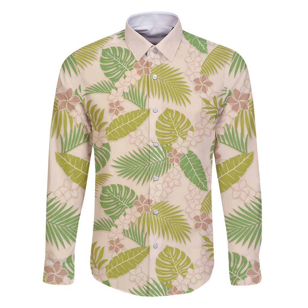 Beige Hawaii Plumeria Lei With Tropical Leaves Family Matching Off Shoulder Maxi Dress and Hawaiian Shirt LT14 Dad's Shirt - Long Sleeve Beige - Polynesian Pride