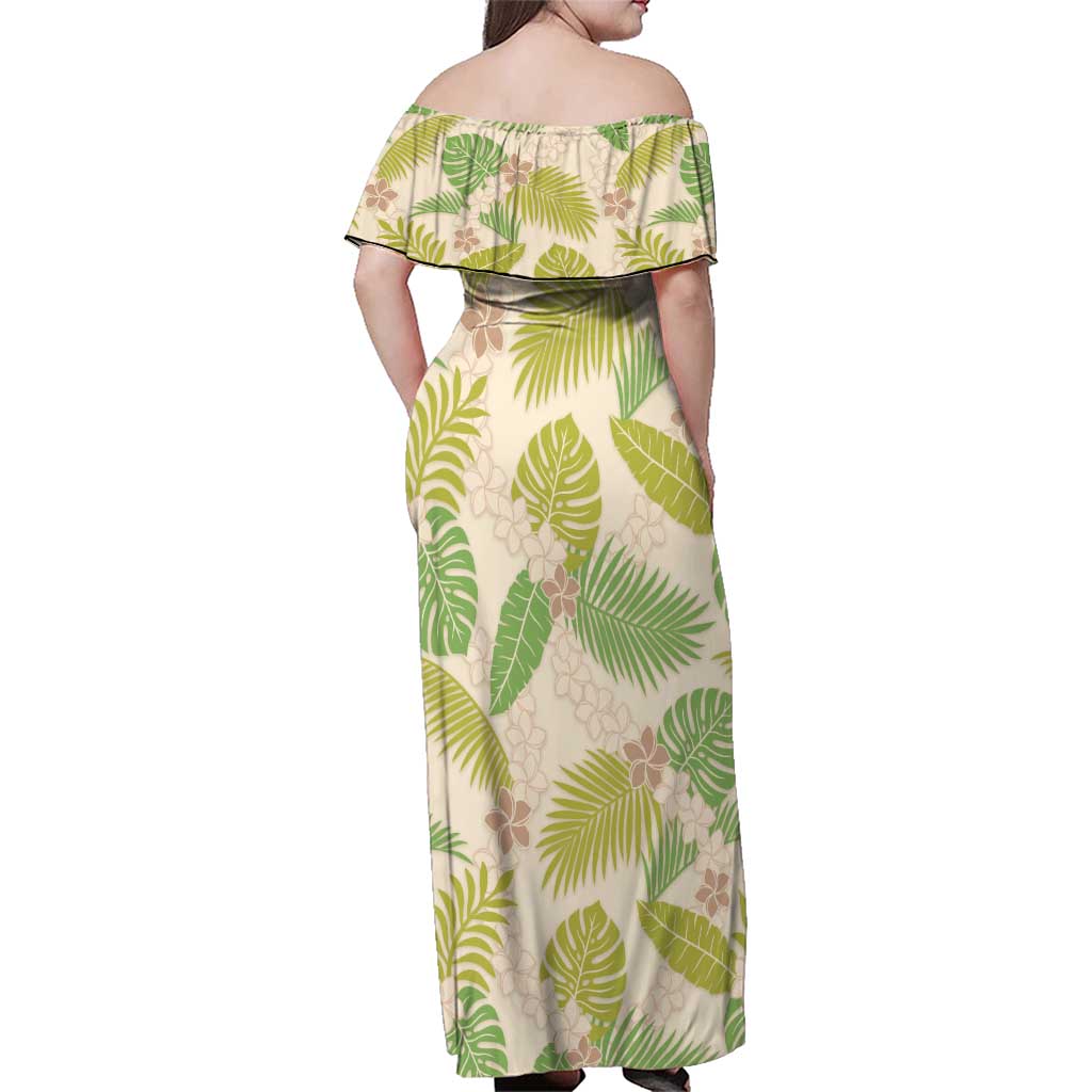 Beige Hawaii Plumeria Lei With Tropical Leaves Family Matching Off Shoulder Maxi Dress and Hawaiian Shirt LT14 - Polynesian Pride