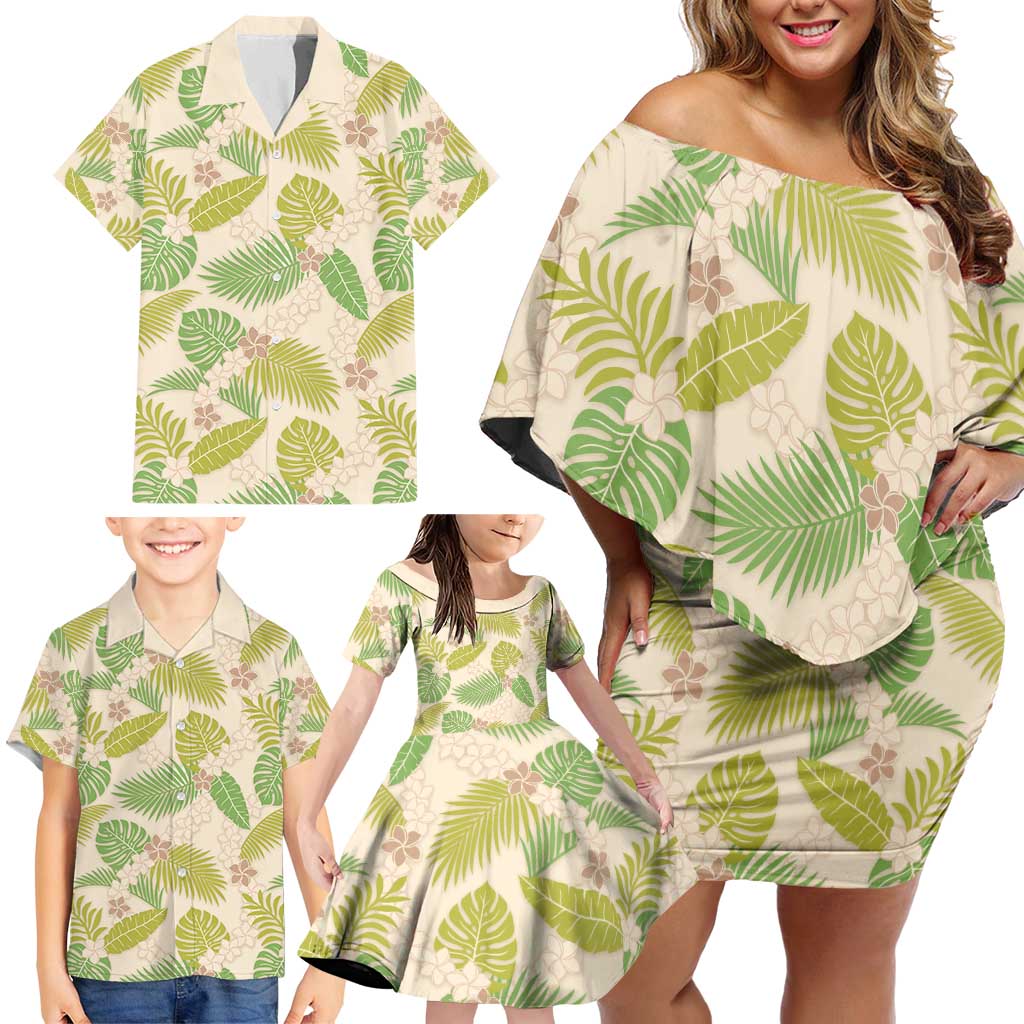 Beige Hawaii Plumeria Lei With Tropical Leaves Family Matching Off Shoulder Short Dress and Hawaiian Shirt LT14 - Polynesian Pride