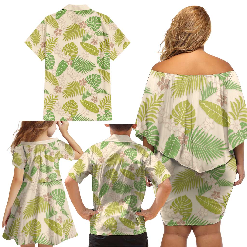 Beige Hawaii Plumeria Lei With Tropical Leaves Family Matching Off Shoulder Short Dress and Hawaiian Shirt LT14 - Polynesian Pride